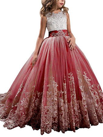 マルーン結婚式 子供ドレス フラワーガール 子供用フォーマルドレス ラウンドネック ウェディングパーティードレス レース ノースリーブ ラベンダー プリンセスライン キッズ フォーマル 発表会 トレーン付き ウェディング レースアップ リボン