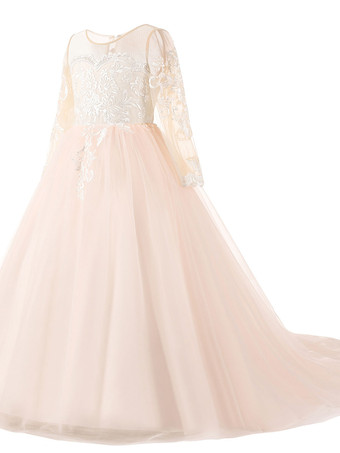 Blumenmädchen Kleider Prom- Hellrosa Abendkleider für Hochzeit Mit Schleppe mit Rundkragen Hochzeit Tüll Langarm kleid blumenmädchen Knöpfe