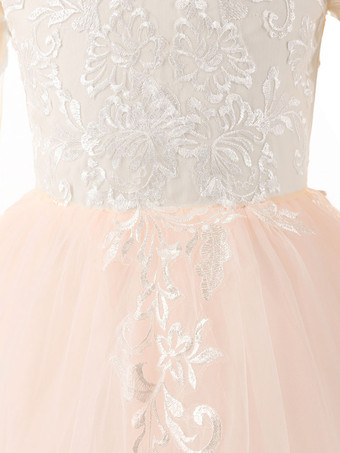 Blumenmädchen Kleider Prom- Hellrosa Abendkleider für Hochzeit Mit Schleppe mit Rundkragen Hochzeit Tüll Langarm kleid blumenmädchen Knöpfe