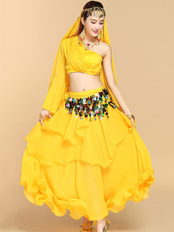 イエローダンス 衣装 レッド ベリーダンス衣装 女性用 社交ダンス衣装 髪飾り ウエストチェーン トップス ロングスカート ネックレス 無地 ポリエステル