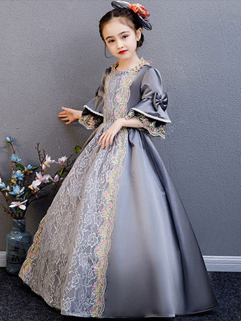 キッズハロウィンコスチュームビクトリア朝スタイルフローラルレースグレーロイヤルキッズヴィンテージドレス