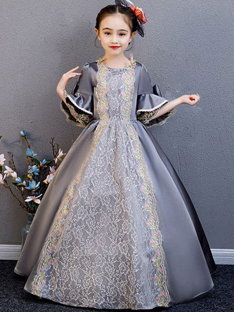 Kids Carnival Costumes Outfits Victorian Style Floral Lace Grey Royal Vintage Dress Cosplay Wears