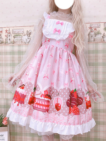 Sweet Lolita JSK Dress Printed Ruffles And Bows Pink Red Lolita Jumper Skirts