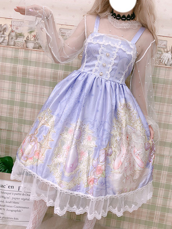 Sweet Lolita JSK Dress Printed Pleated Lace Lilac Lolita Jumper Skirts