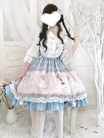 Sweet Lolita JSK Robe imprimée Lolita arcs jupes de cavalier Lolita bleu ciel clair Déguisements Halloween