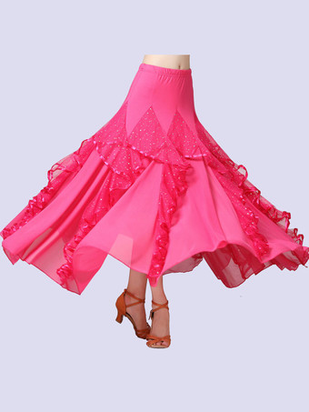 ピンク社交ダンスコスチュームブラックミルクシルクスパンコールフリルロングスカート社交ダンスダンスドレス