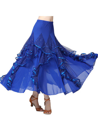 ブルー 社交ダンスコスチュームブラックミルクシルクスパンコールフリルロングスカート社交ダンスダンスドレス
