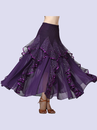 パープル 社交ダンスコスチュームブラックミルクシルクスパンコールフリルロングスカート社交ダンスダンスドレス