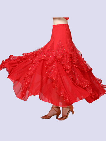 レッド 社交ダンスコスチュームブラックミルクシルクスパンコールフリルロングスカート社交ダンスダンスドレス