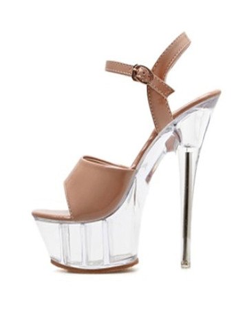 肌色女性のためのセクシーなサンダルヌードパテントレザーオープントゥ2 "5.9"クリアヒールセクシーシューズ