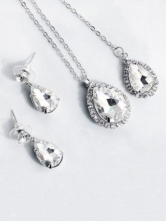 ウェディングネックレスシルバーシルバーペアーシェイプラインストーンウェディングネックレス