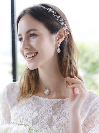 ウェディングネックレスシルバーシルバーペアーシェイプラインストーンウェディングネックレス