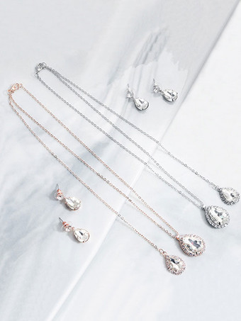 ウェディングネックレスシルバーシルバーペアーシェイプラインストーンウェディングネックレス