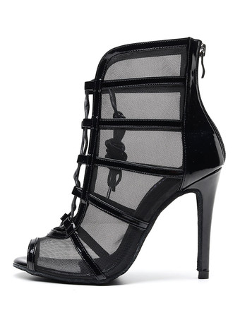 女性用 社交ダンスラテンシューズ ピープトゥ ピンヒール ブラック ジッパー ラグジュアリー サルサダンスシューズ