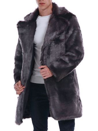 メンズフェイクファーコートターンダウンカラーディープグレーウィンターオーバーコート