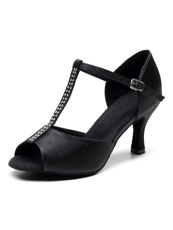 ブラック 女性用 社交ダンスラテンシューズ 絹織物 ピープトゥ ゴブレット オレンジ ラインストーン ラグジュアリー サルサダンスシューズ