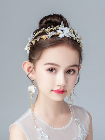 ゴールド フラワーガールヘッドピースブロンドパールアクセサリーパールキッズヘアアクセサリー