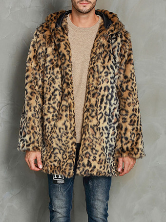 メンズコートオーバーサイズフード付きヒョウ柄シックモダンコーヒーブラウン