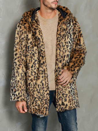 メンズコートオーバーサイズフード付きヒョウ柄シックモダンコーヒーブラウン