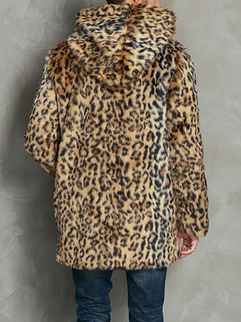 メンズコートオーバーサイズフード付きヒョウ柄シックモダンコーヒーブラウン