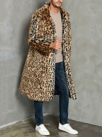 メンズコートオーバーサイズターンダウンカラーヒョウプリントシックハンサムコーヒーブラウン