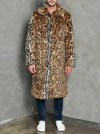 メンズコートオーバーサイズターンダウンカラーヒョウプリントシックハンサムコーヒーブラウン