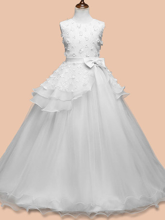 ホワイトフラワーガールドレスジュエルネックノースリーブの床の長さ弓子供ページェントパーティードレス