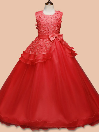レッドフラワーガールドレスジュエルネックノースリーブの床の長さ弓子供ページェントパーティードレス