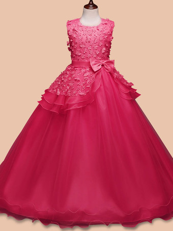 ローズレッドフラワーガールドレスジュエルネックノースリーブの床の長さ弓子供ページェントパーティードレス