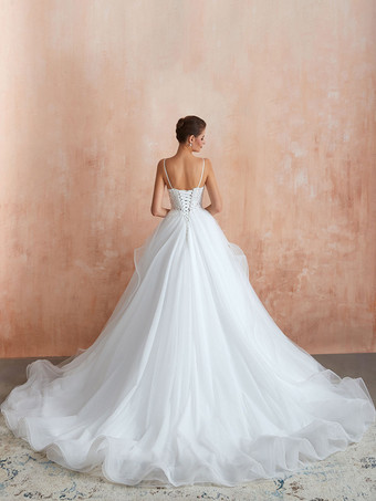 Brautkleider Prinzessin Prinzessin Brautkleider ärmellos viereckiger Ausschnitt Elfenbeinfarbe Tüll Mit Schleppe und Schnürung