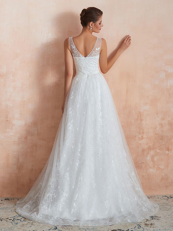 Robe de mariée trapèze ivoire en tulle col V zip sur dos à traîne robe de mariage