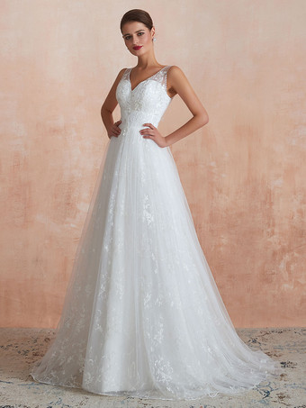 Свадебное платье 2024 A Line V-образным вырезом без рукавов длиной до пола  свадебные платья со шлейфом