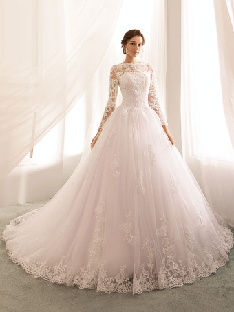 プリンセスライン ウェディングドレス ボートネック ブライダルドレス アイボリー ファスナー 結婚式 二次会 披露宴 花嫁ドレス 挙式 長袖 チュール コートトレーン ウェディング ナチュラルウェストライン ビーズ ウェディングドレス