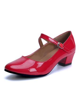 Character Dance Shoes Red Round Toe Chunky Heel Ballroom Dance