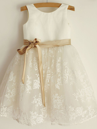 Ivory Кружева атласная Свадебное платье девушки цветка с шампанского пояса