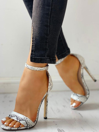 ハイヒールレディーススネークスキンオープントゥアンクルストラップスティレットヒールサンダル