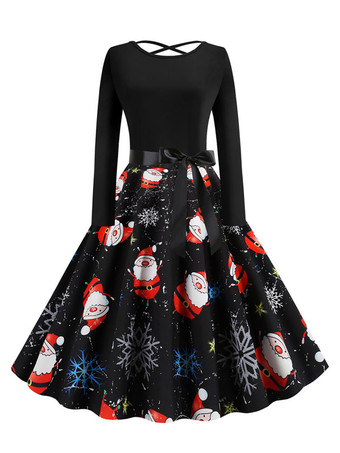 ブラック レトロワンピース クリスマス柄 ブラック  ロカビリー ワンピース 長袖 ラウンドネック ポリエステル 1950年代 ヴィンテージワンピース レディースワンピース 二次会 発表会 お呼ばれ レディースファッション