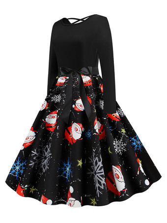 レトロワンピース クリスマス柄 ブラック  ロカビリー ワンピース 長袖 ラウンドネック ポリエステル 1950年代 ヴィンテージワンピース レディースワンピース 二次会 発表会 お呼ばれ レディースファッション