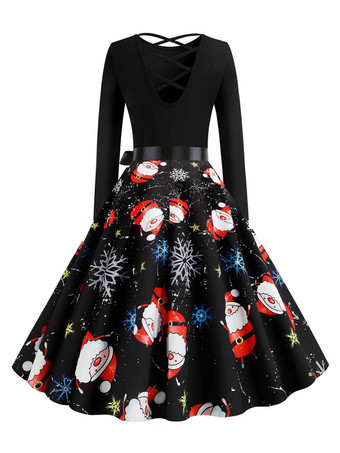レトロワンピース クリスマス柄 ブラック  ロカビリー ワンピース 長袖 ラウンドネック ポリエステル 1950年代 ヴィンテージワンピース レディースワンピース 二次会 発表会 お呼ばれ レディースファッション