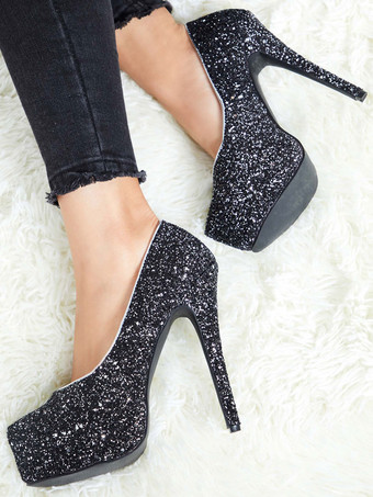 Glitter lantejoulas sapatos de festa de salto alto sapatos de dedo do pé redondo preto