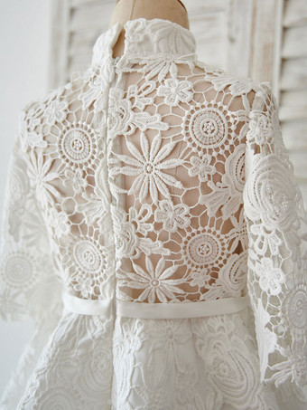 結婚式 子供ドレス フラワーガール 子供用フォーマルドレス アイボリー ウェディングパーティードレス 五分袖 レース プリンセスライン キッズ フォーマル ハイネック 発表会 ひざ丈 ファスナー サッシュ ウェディング