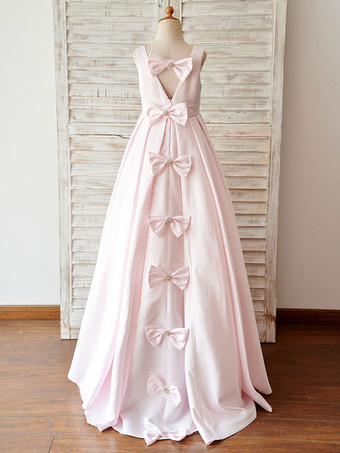 Vestido rosado del satén V Volver boda del florista Con Lazos