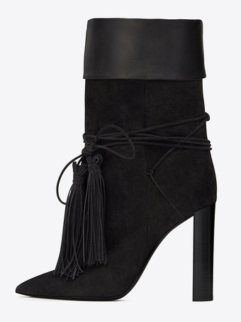 ショートブーツ ポインテッドトゥ ブラック  ブーティ レディースブーツ 太ヒール 12cm マイクロスエード レースアップ 無地 カジュアル レディース靴 シューズ