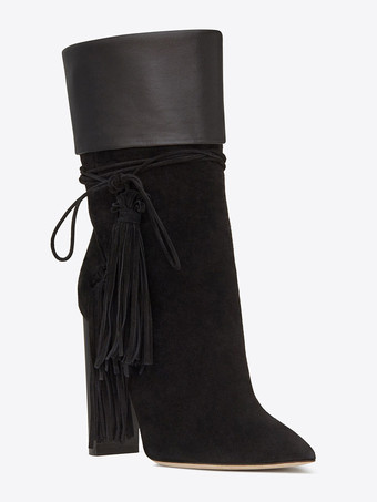 ブラック ショートブーツ ポインテッドトゥ ブラック  ブーティ レディースブーツ 太ヒール 12cm マイクロスエード レースアップ 無地 カジュアル レディース靴 シューズ