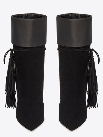 ショートブーツ ポインテッドトゥ ブラック  ブーティ レディースブーツ 太ヒール 12cm マイクロスエード レースアップ 無地 カジュアル レディース靴 シューズ