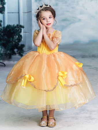 Child Princess Cosplay Beauty And The Beast Belle Yellow Dress Kids Halloween Cosplay Costumes