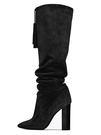 ロングブーツ アーモンドトゥ レディースブーツ チャンキーヒール ブラック  マイクロスエード シューズ 12cm 無地 カジュアル レディース靴