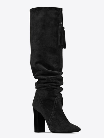 ブラック ロングブーツ アーモンドトゥ レディースブーツ チャンキーヒール ブラック  マイクロスエード シューズ 12cm 無地 カジュアル レディース靴