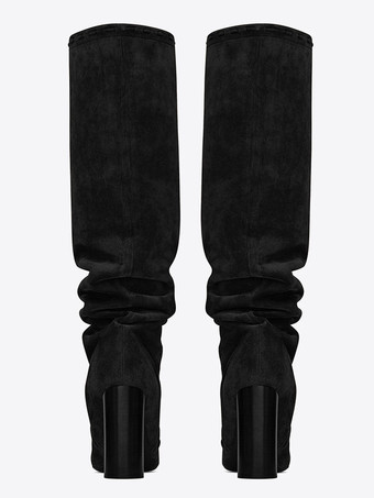 ロングブーツ アーモンドトゥ レディースブーツ チャンキーヒール ブラック  マイクロスエード シューズ 12cm 無地 カジュアル レディース靴