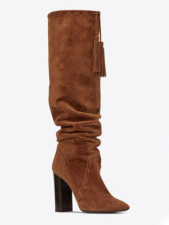 ブラウン ロングブーツ アーモンドトゥ レディースブーツ チャンキーヒール ブラック  マイクロスエード シューズ 12cm 無地 カジュアル レディース靴